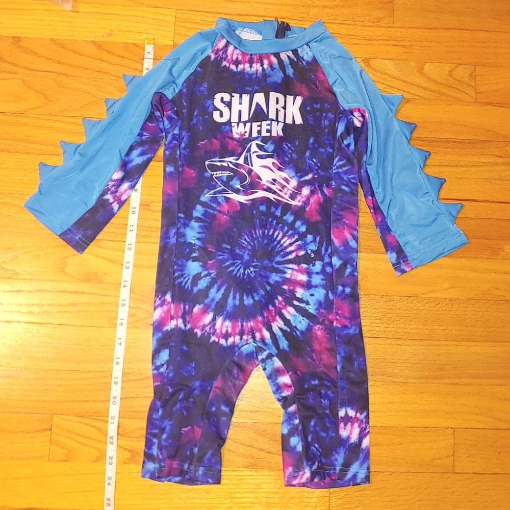 Shark Week Tie dye Toddler One Piece Long Sleeve Swimsuit Rash Guard Fins 2T-3T